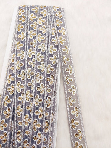 Wholesale Grey Net Lace Floral Embroidery & Glitter Gold Sequins, Indian Wedding Border, Gifting Ribbon Costume Trim Fashion Trimming